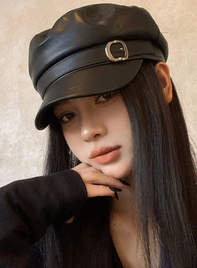 韩系简约复古PU皮质黑色贝雷帽女