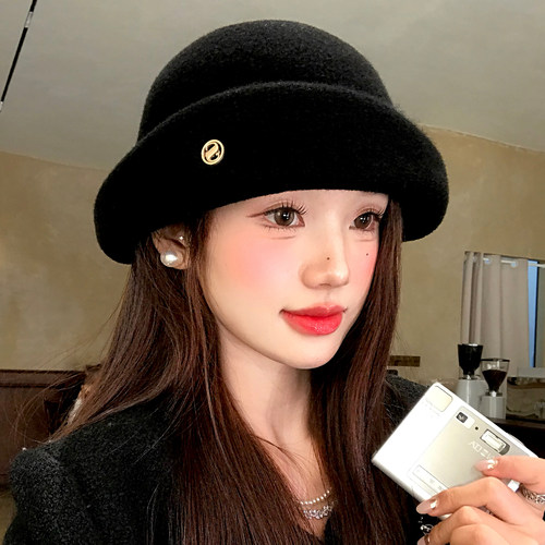 法式千金风卷边毛呢礼帽女秋冬季