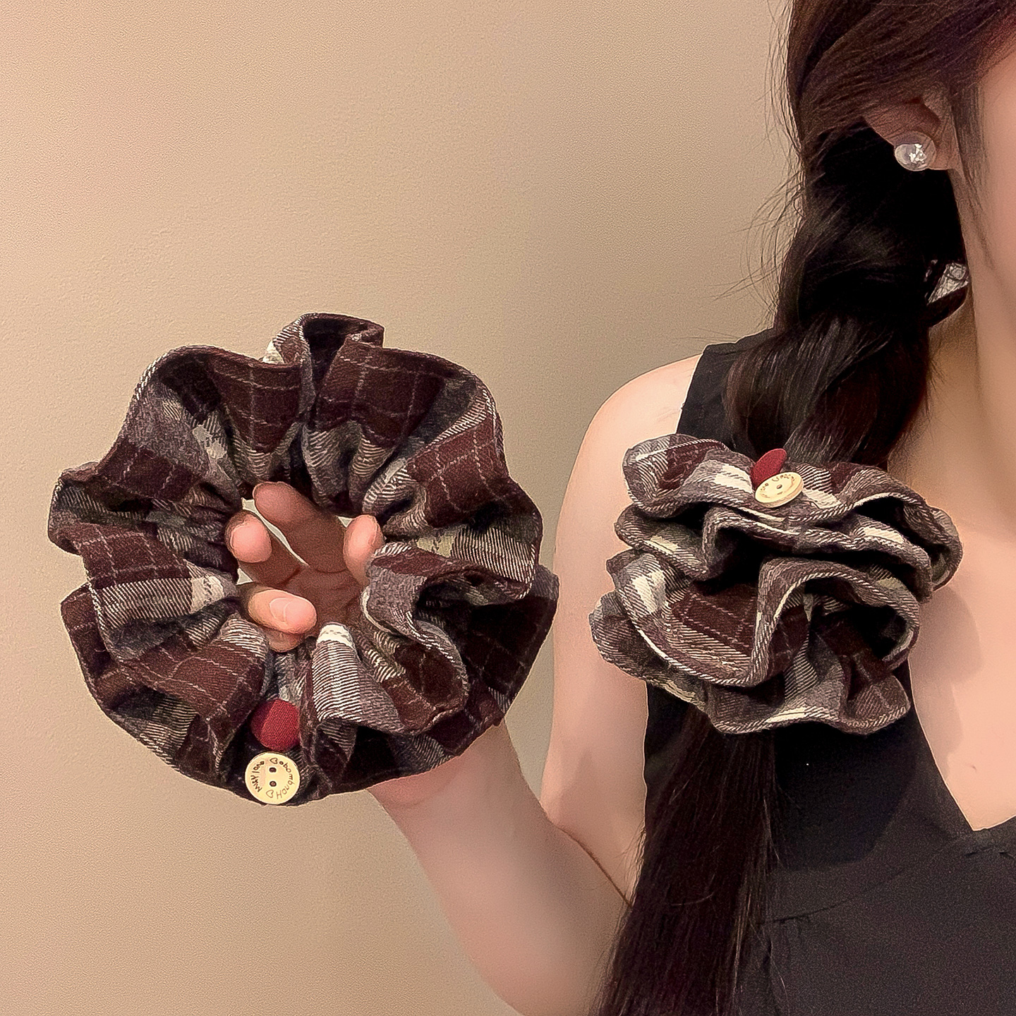 美拉德咖色格子纽扣头花大肠发圈女秋冬扎头发气质头绳丸子头发绳