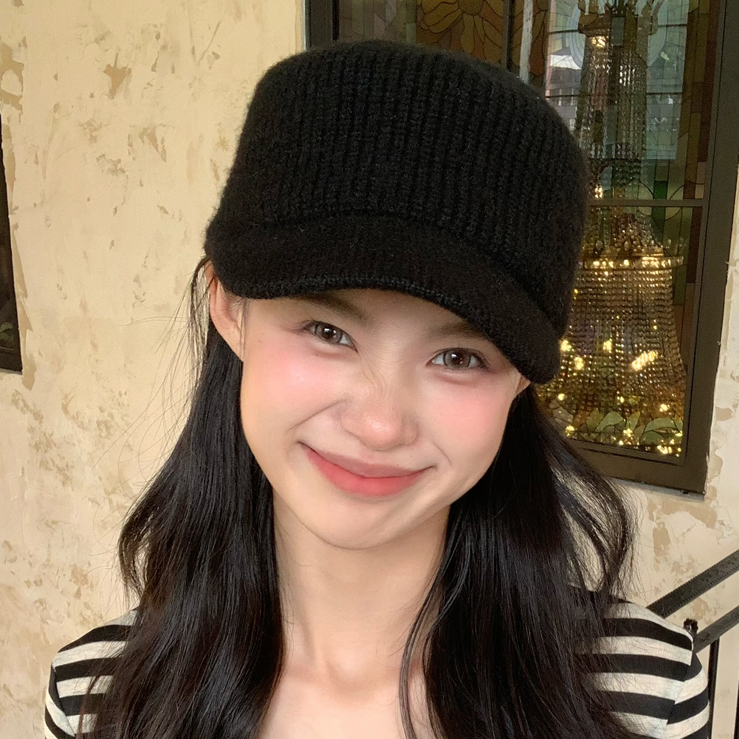 赵露思同款黑色针织平顶鸭舌帽子