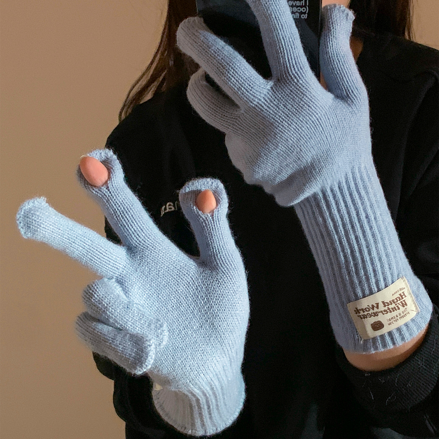 韩国含羊毛长款针织手套女冬季加厚骑行防寒分指可触屏保暖电动车