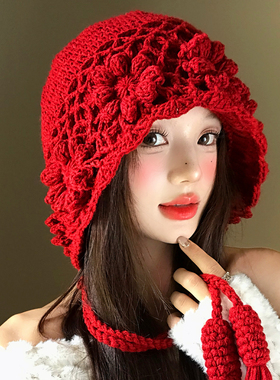 红色手工钩织花朵针织帽女川西