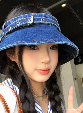复古牛仔蓝色空顶帽女春夏遮阳防晒帽大头围显脸小高级感渔夫帽子