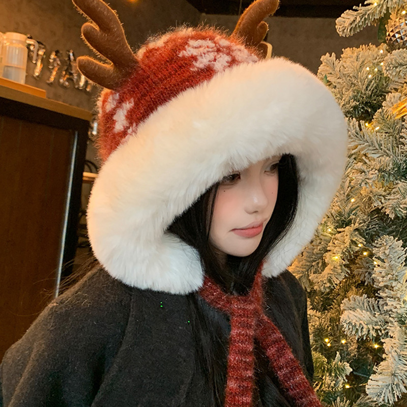 可爱圣诞鹿角红色毛绒帽子女2025