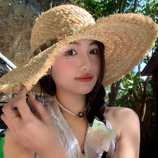 法式 海邊沙灘帽遮陽防曬帽子 2025新款 度假風大帽檐拉菲草帽女夏季