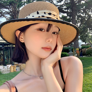 复古波点平顶草帽女夏季 度假风海边沙滩帽优雅礼帽太阳帽子潮 法式