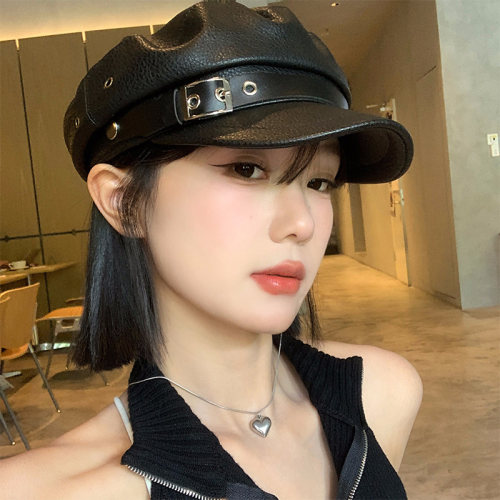 韩系复古PU皮质贝雷帽女夏季小众