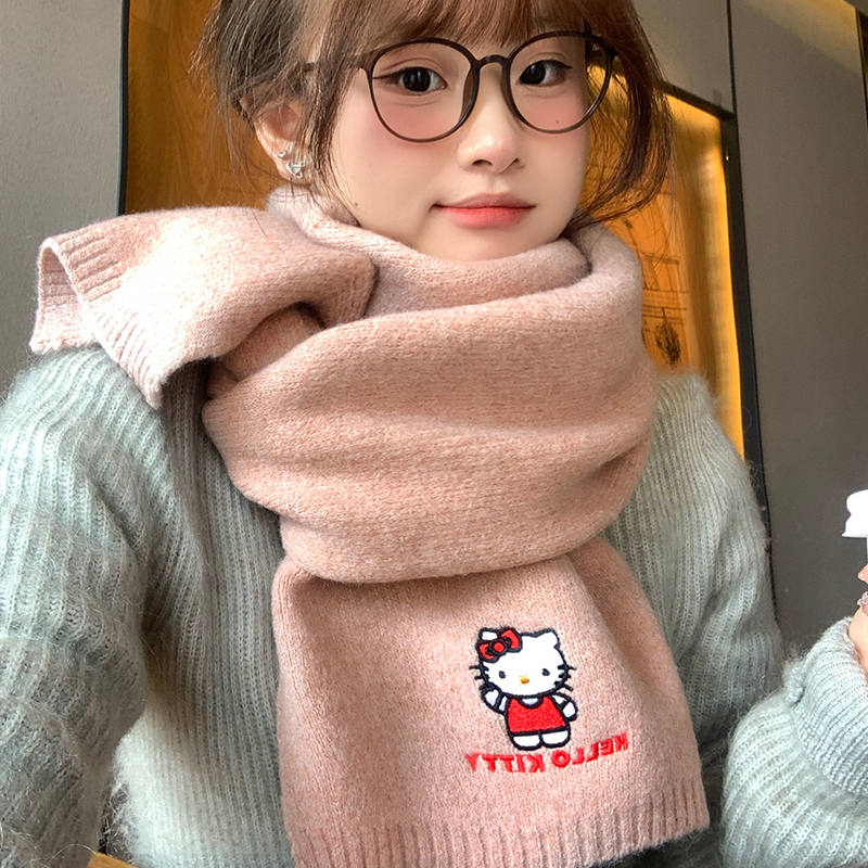 可爱kitty猫针织刺绣软糯围巾女