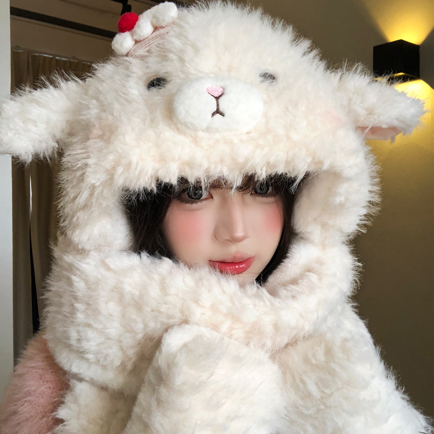 可爱小羊耳朵毛绒帽子围巾手套一体三件套女生冬季加厚保暖雷锋帽