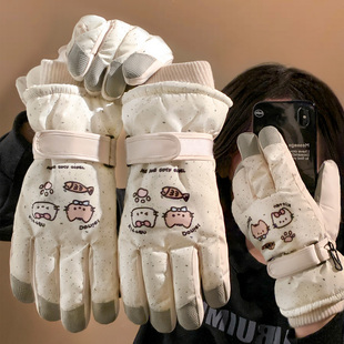 可爱猫咪卡通滑雪手套女冬季 加厚加绒防寒可触屏骑电动车防水防冻