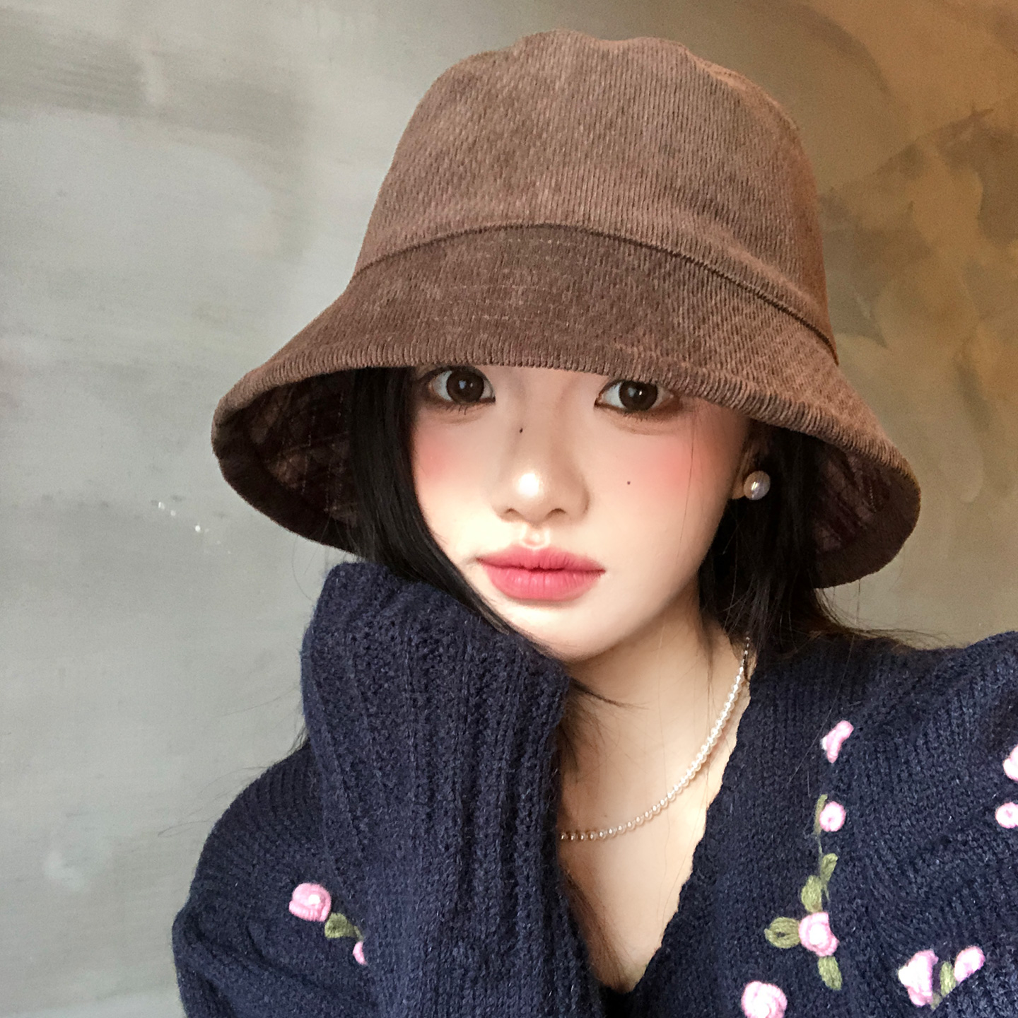 复古咖色双面戴渔夫帽女秋冬百搭