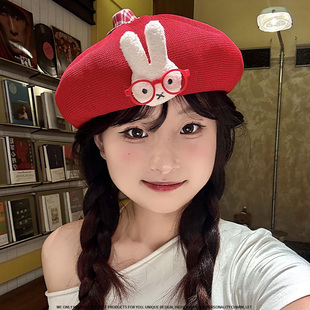 镂空透气显脸小云朵画家帽子潮 可爱卡通兔子红色针织贝雷帽女薄款