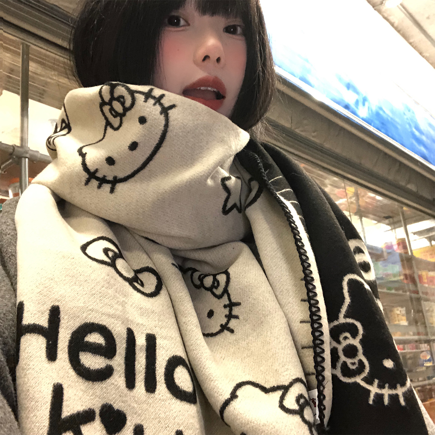 正版HelloKitty针织围巾女秋冬季可爱加厚保暖韩系氛围感围脖披肩