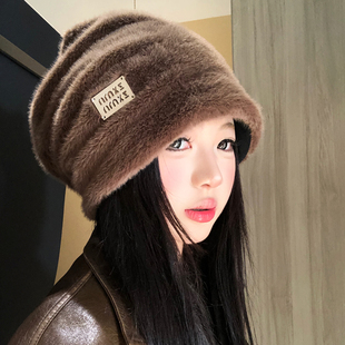 毛茸茸复古咖色针织冷帽女冬季氛围感堆堆帽防寒护耳保暖包头帽子