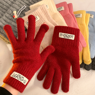 红色羊毛针织手套女2025新款 骑行加厚保暖防寒可触屏毛线分指 冬季