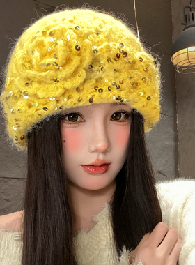 黄色亮片花朵针织包头帽女秋冬