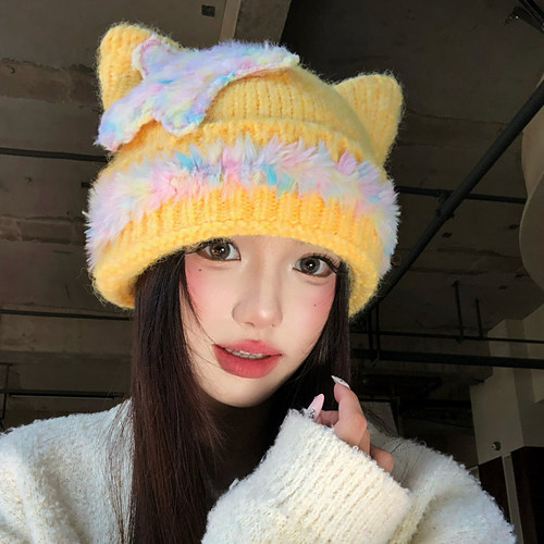 多巴胺毛绒星星猫耳针织帽女日系