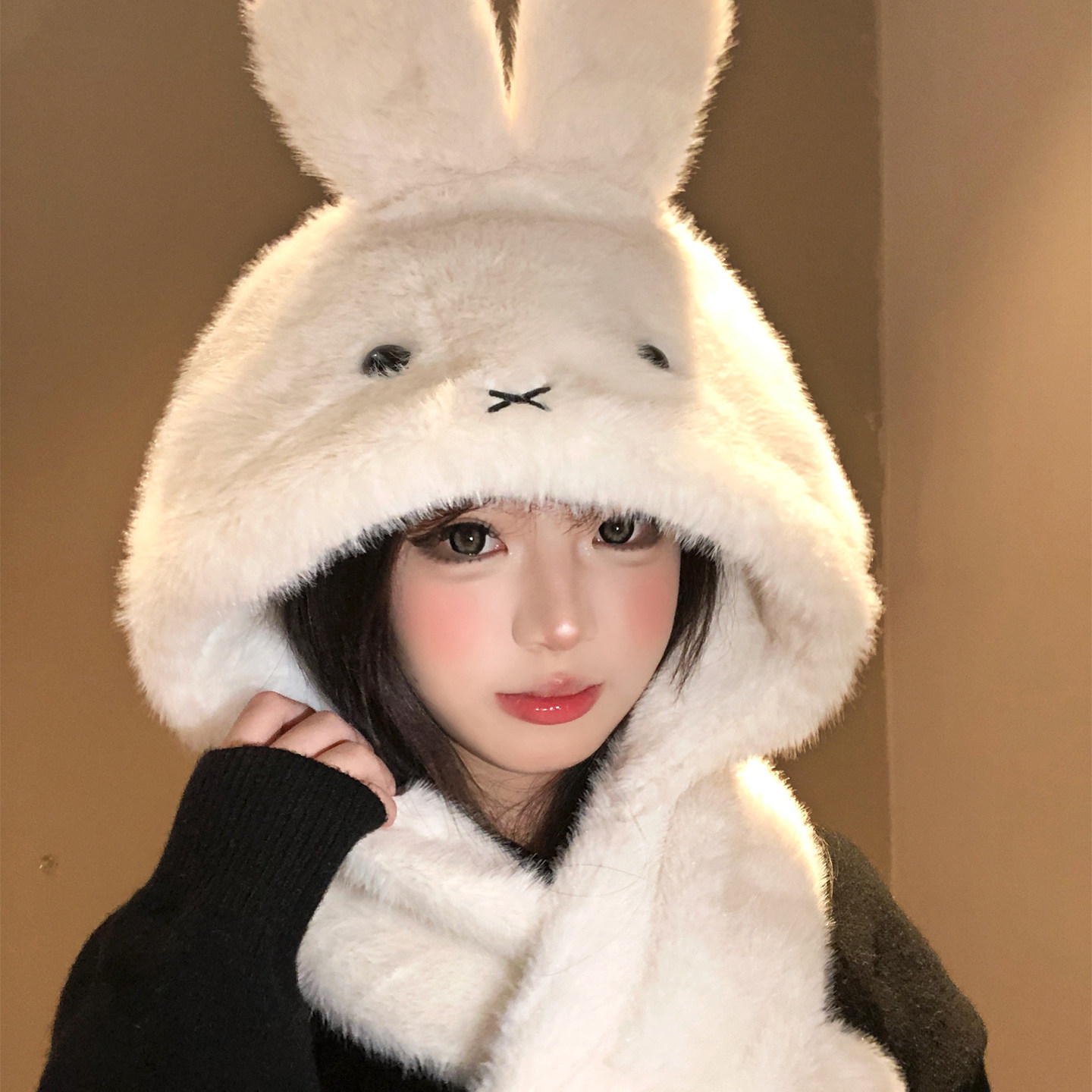 米菲兔毛绒帽子围巾一体女冬季加绒加厚保暖可爱显脸小护耳雷锋帽,服饰配件/皮带/帽子/围巾,帽子,淘宝优惠券,粉丝福利购,淘宝优惠卷