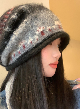 费尔岛风卷边堆堆帽女秋冬复古显脸小冷帽慵懒风防寒保暖包头帽子