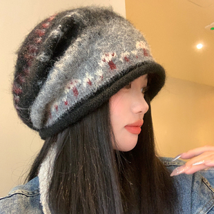 费尔岛风卷边堆堆帽女秋冬复古显脸小冷帽慵懒风防寒保暖包头帽子