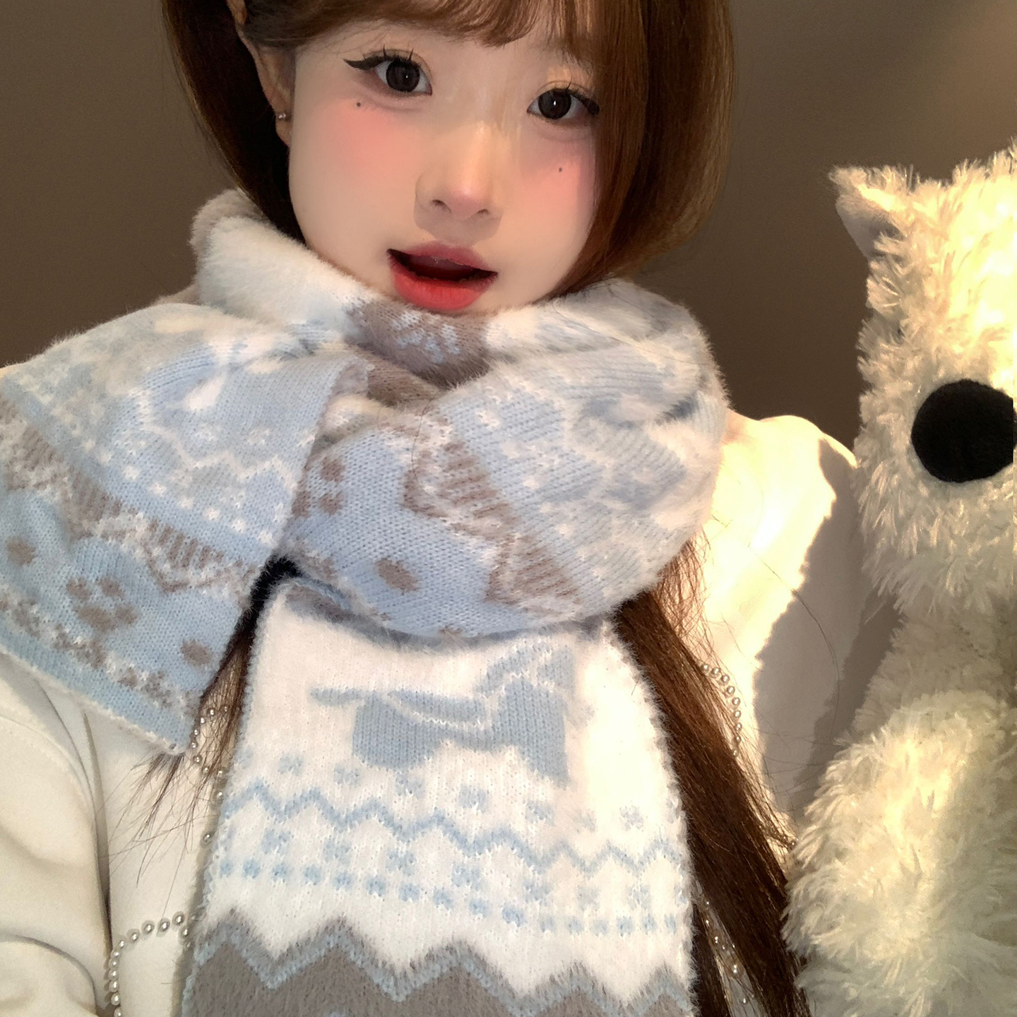 费尔岛马年款双面蓝色毛绒针织