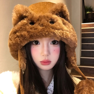 咖色麂皮绒绑带兔耳可爱护耳雷锋帽女冬加绒加厚保暖骑行毛绒帽子