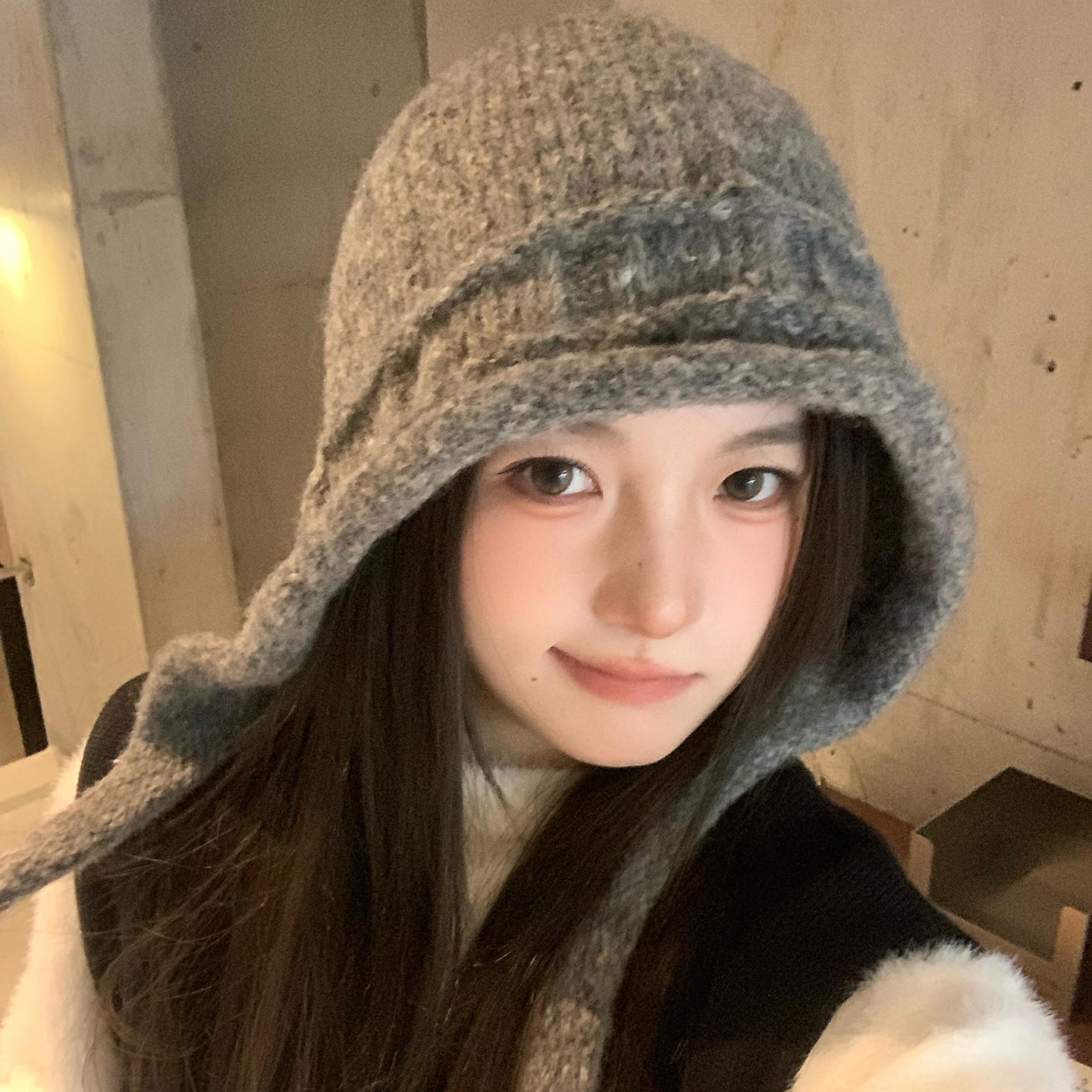 灰色针织巴拉克拉法帽子女秋冬季