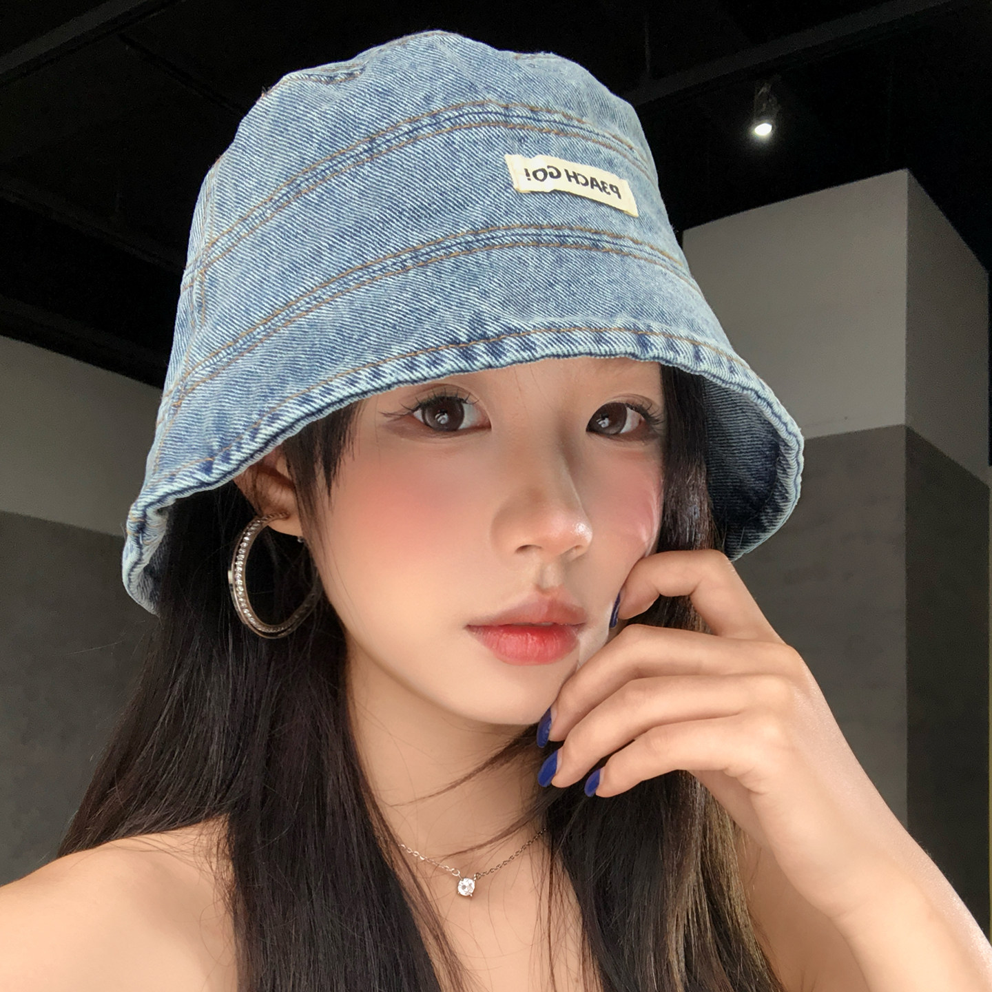复古做旧牛仔水桶帽子女款大头围图片