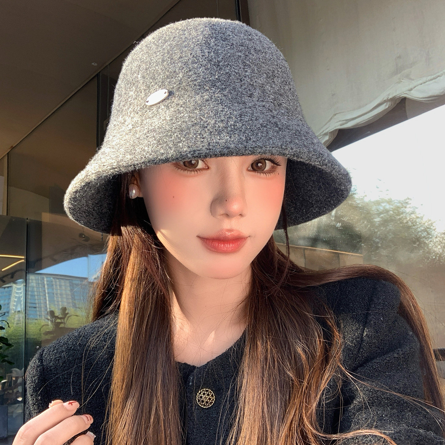 高级感灰色毛呢渔夫帽子女秋冬季保暖显脸小针织盆帽复古圆顶礼帽