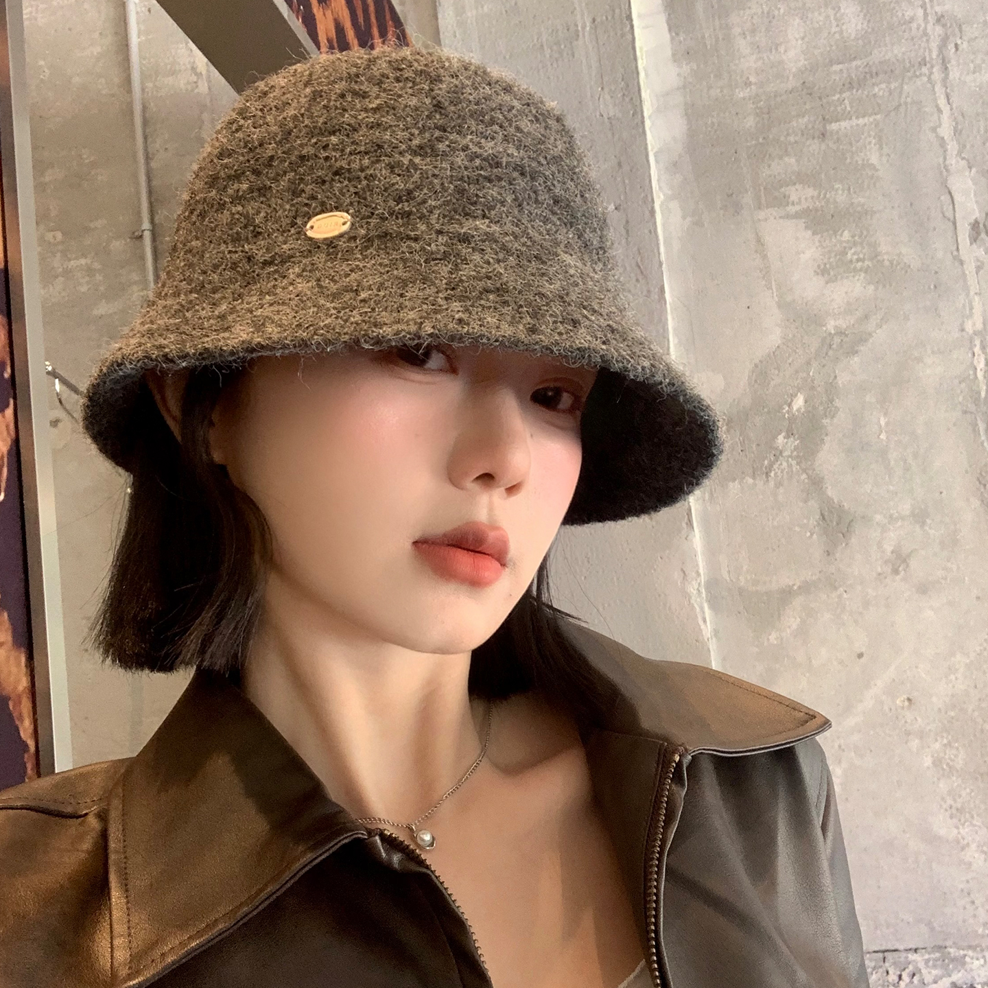 灰色大头围渔夫帽子秋冬季高级感