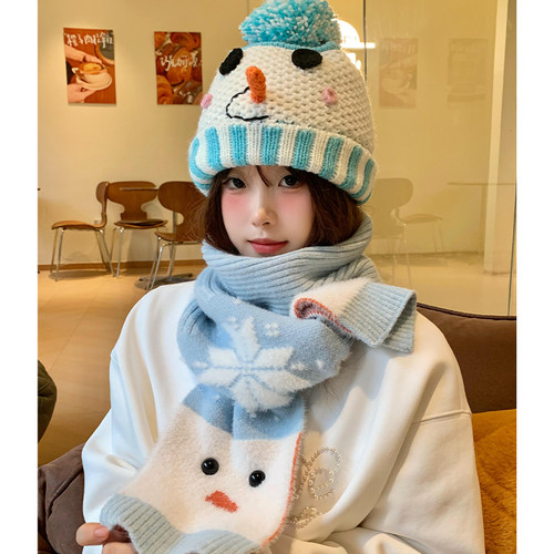 可爱雪人毛绒针织围巾女2025年秋