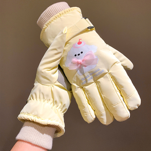 黄色可爱蝴蝶结小狗滑雪手套女冬加厚保暖防寒可触屏骑行骑电动车