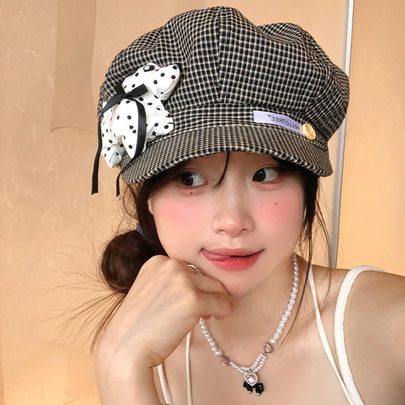 可爱波点小狗格子文艺贝雷帽女夏