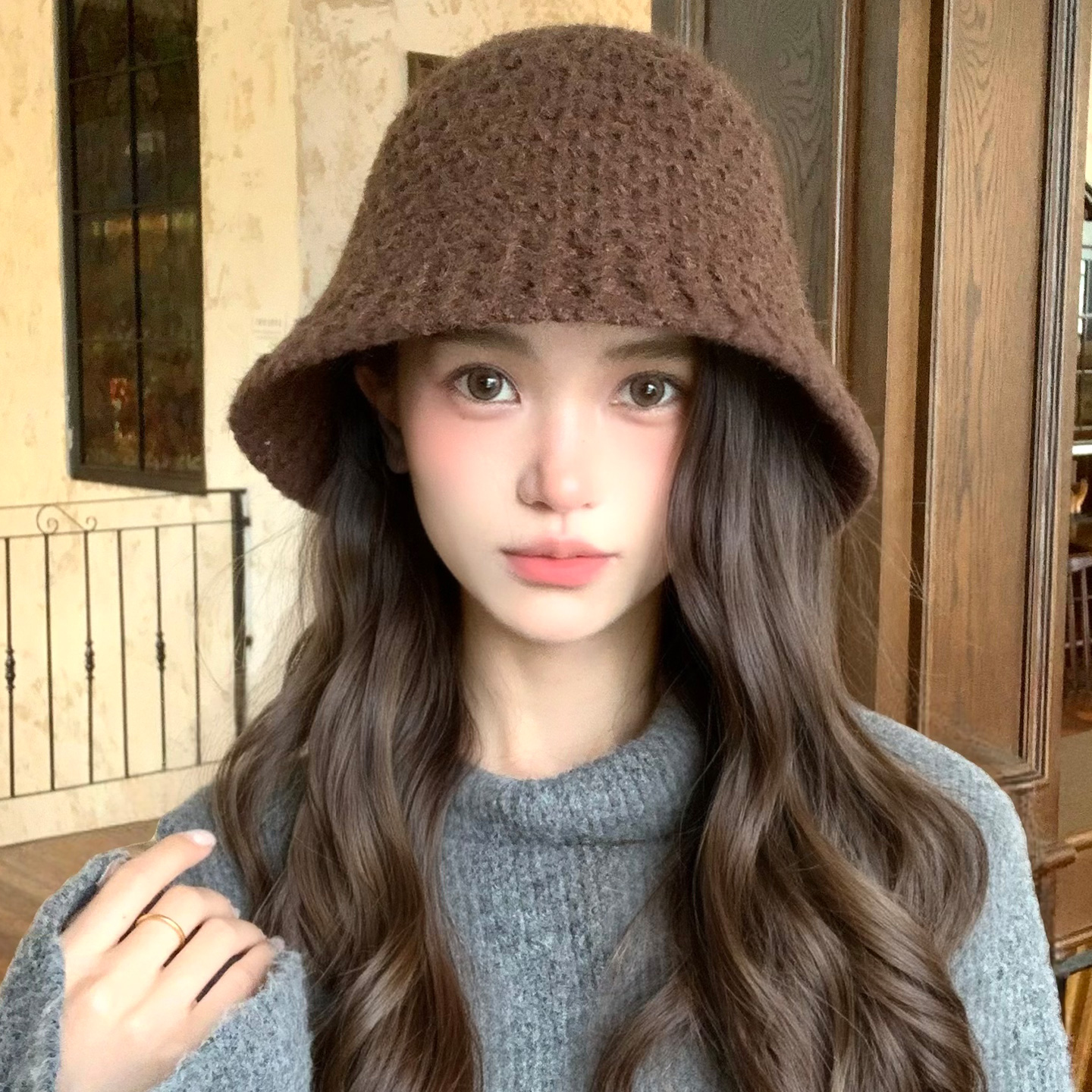 咖色复古美拉德针织渔夫帽女秋冬