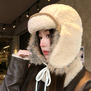 东北羊羔毛绒护耳飞行帽女冬季加厚保暖防寒户外滑雪骑行雷锋帽子