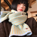 可爱猫咪条纹撞色针织围巾女冬季 韩系氛围感学生保暖护颈毛线围脖