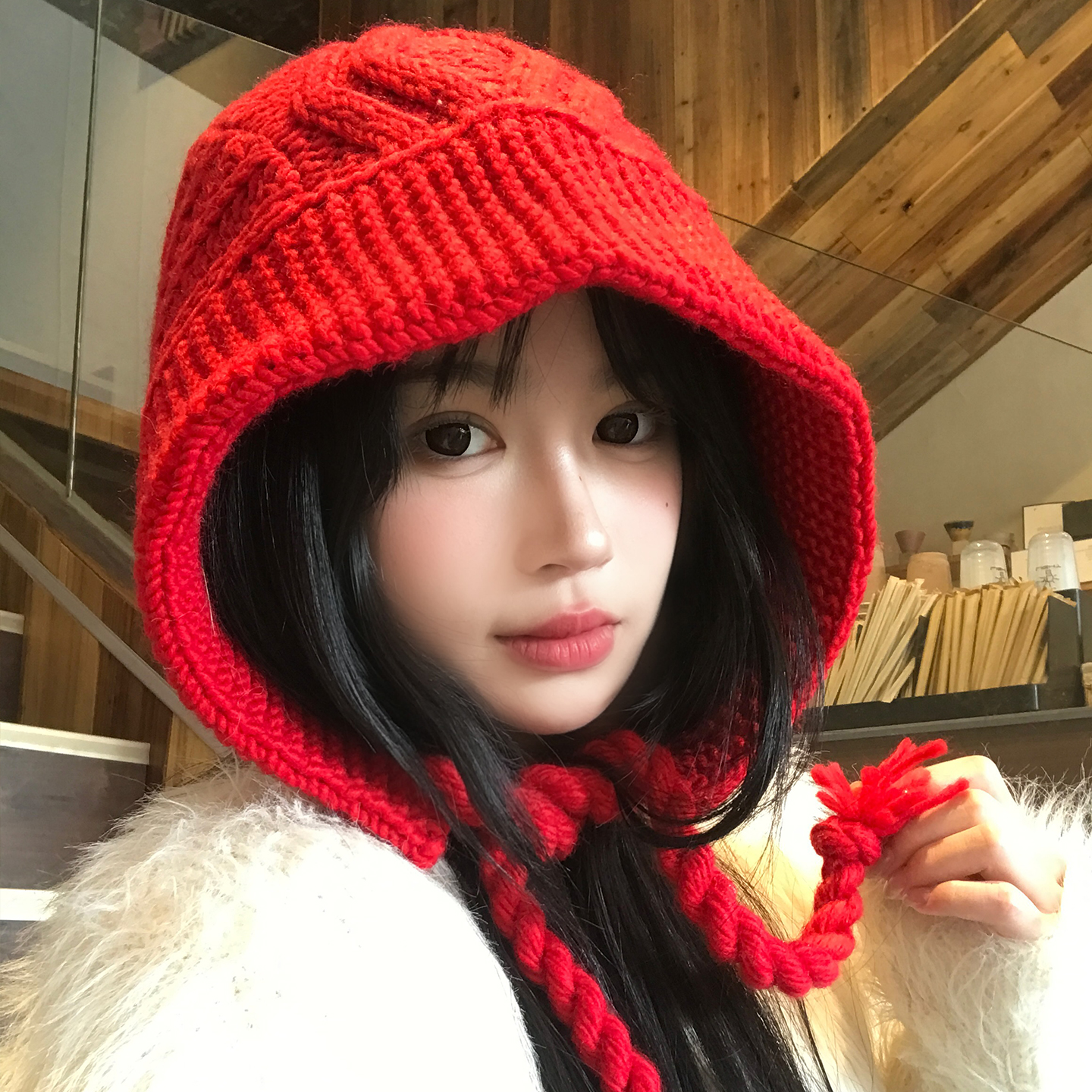 巴拉克拉法帽红色针织护耳帽子女