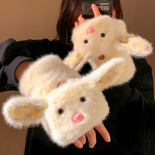 可爱长耳朵兔子毛绒半指翻盖手套女冬季 加厚保暖防风防寒触屏学生