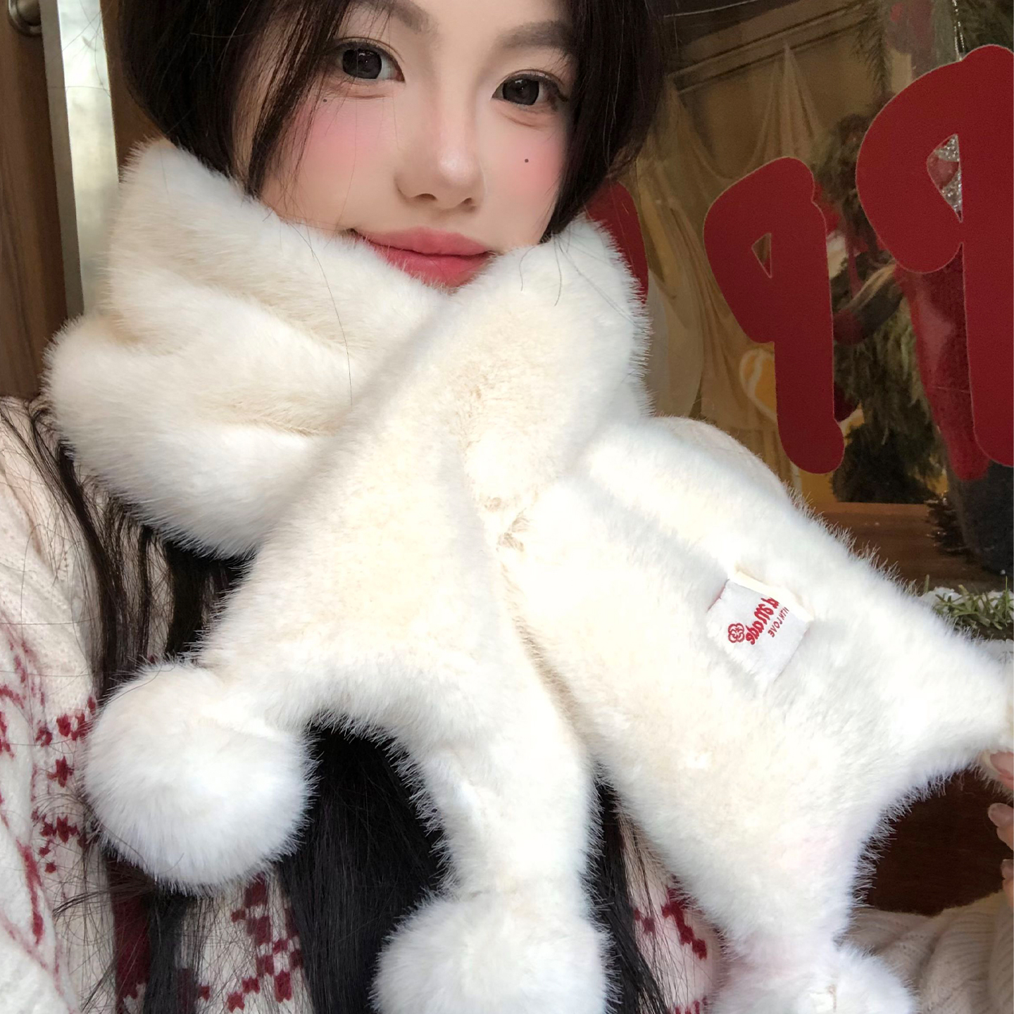 可爱毛球白色毛绒针织交叉小围脖