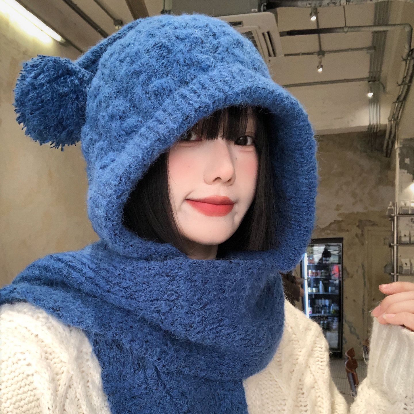 韩版可爱毛球蓝色巴拉克拉法帽女生冬季加厚保暖针织帽子围巾一体,服饰配件/皮带/帽子/围巾,帽子,淘宝优惠券,粉丝福利购,淘宝优惠卷