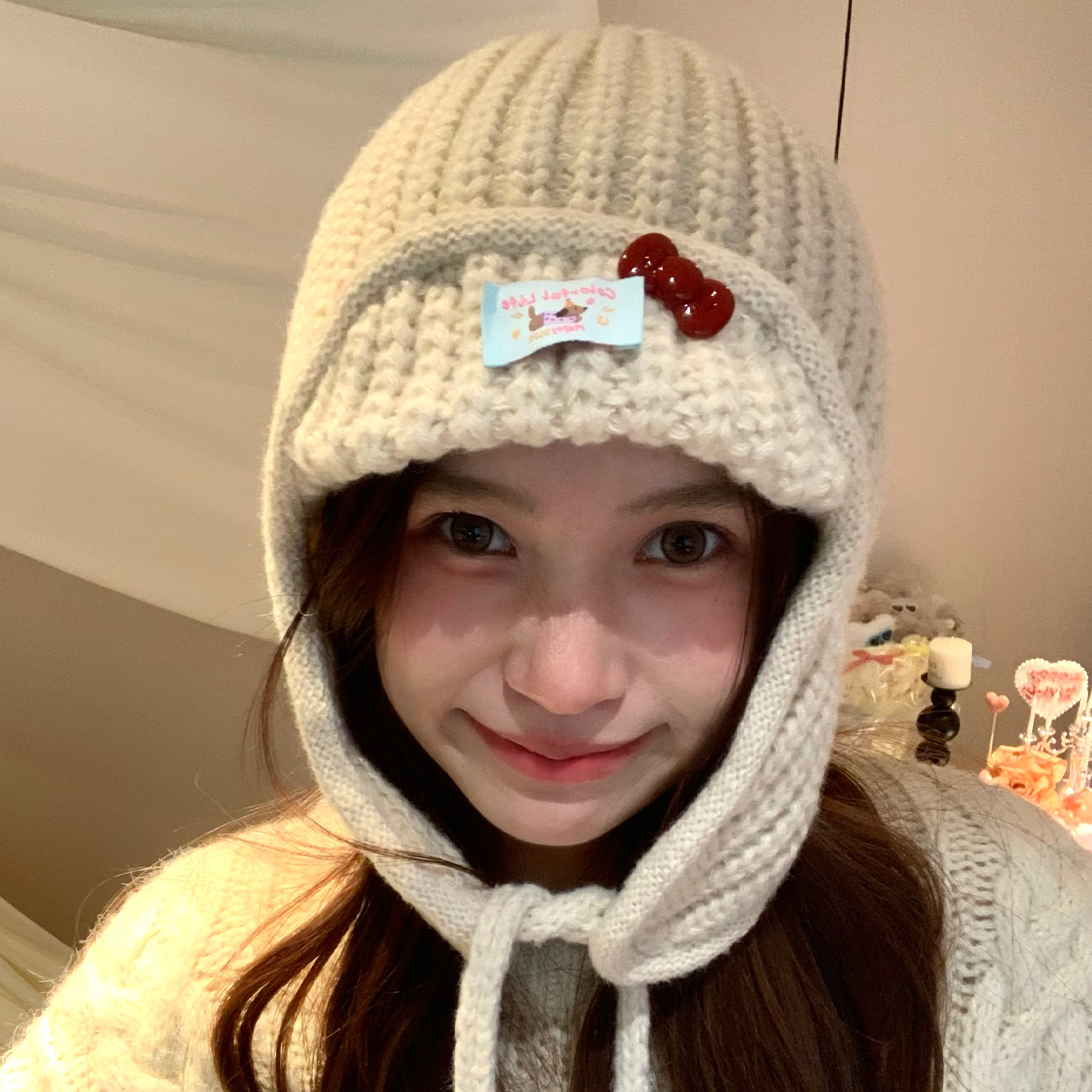 可爱蝴蝶结小狗针织护耳帽女秋冬