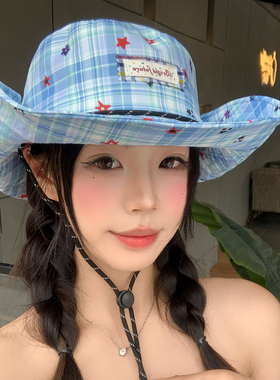 蓝色星星格纹渔夫户外徒步登山帽