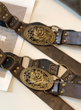 美式复古西部牛仔腰带女千禧辣妹百搭柳钉拼接做旧椭圆金属扣皮带