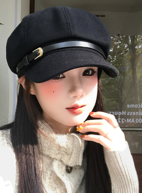 黑色复古英伦风皮带扣贝雷帽女秋