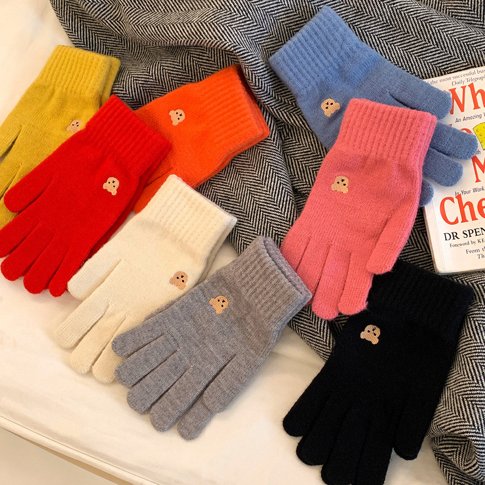 CUTE BEAR FINGER KNITTED WOOLEN GLOVES FEMALE AUTUMN AND WINTER 2023 NEW WINDPROOF WARM SOLID COLOR STUDENT TIDE