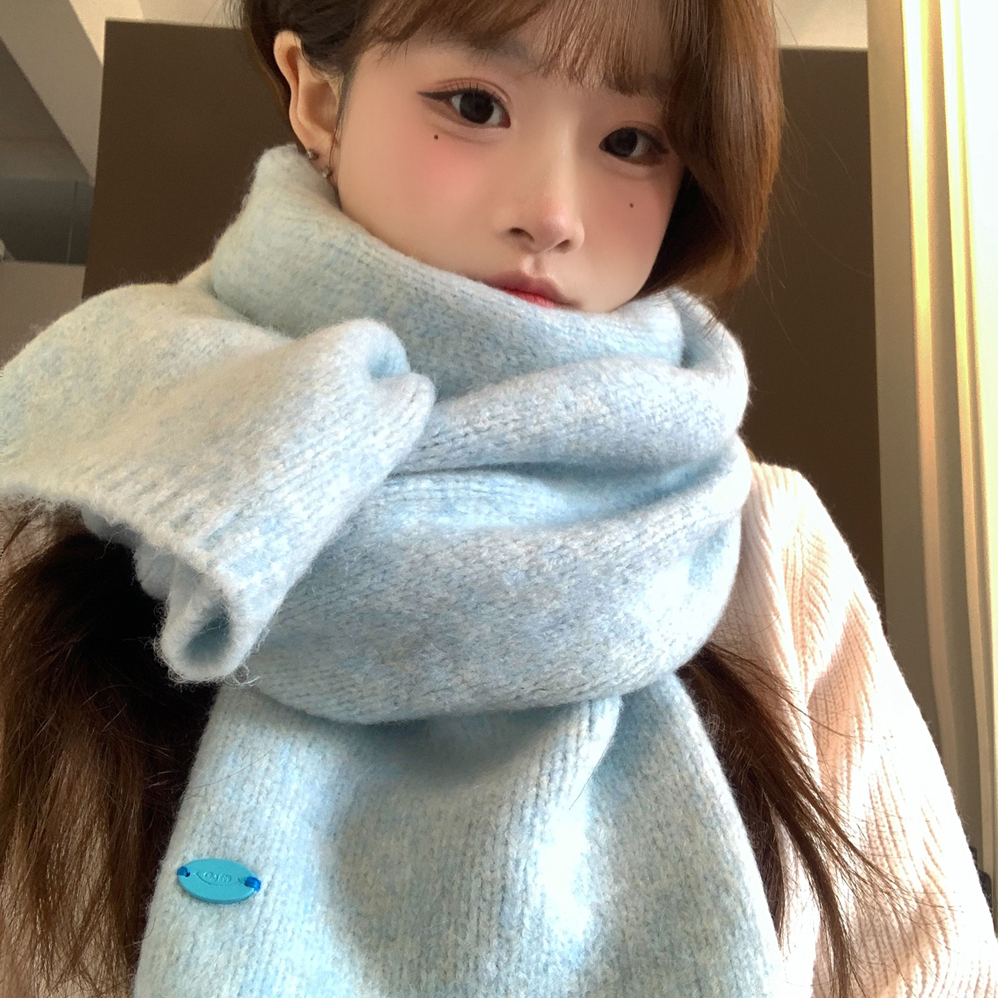 蓝色针织围巾女秋冬季保暖加厚