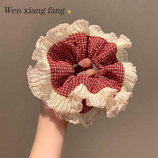 法式复古红色格子双层大肠发圈女高级感超大头绳扎头发丸子头发饰