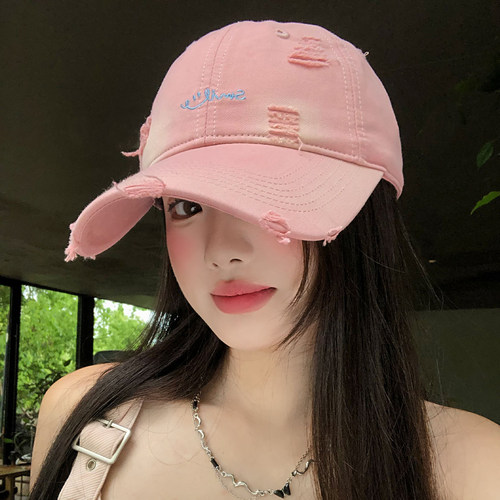粉色刺绣做旧破洞美式棒球帽女