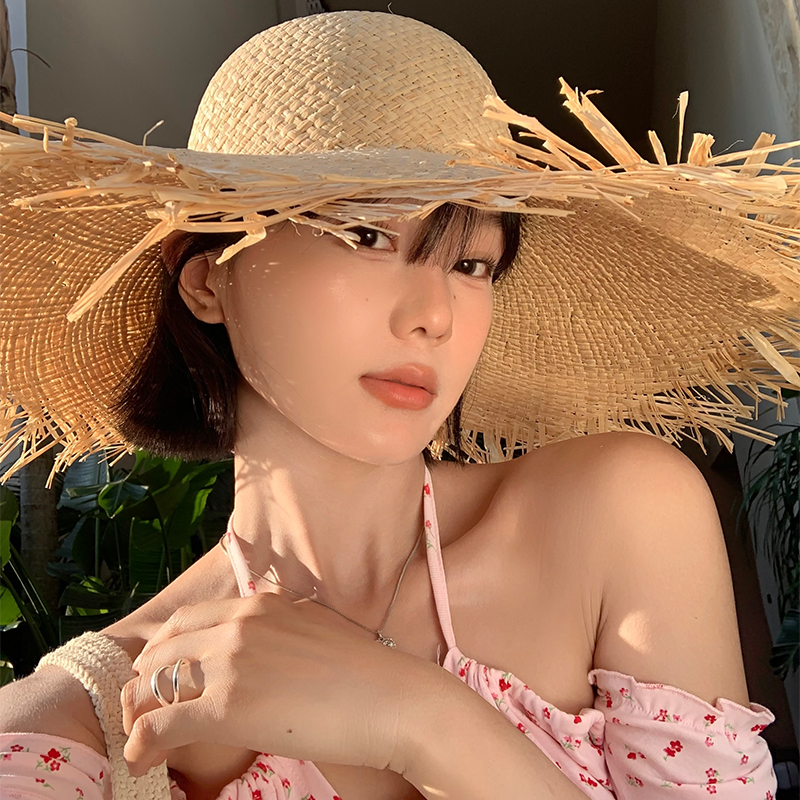 度假风手工编织拉菲草帽女夏季