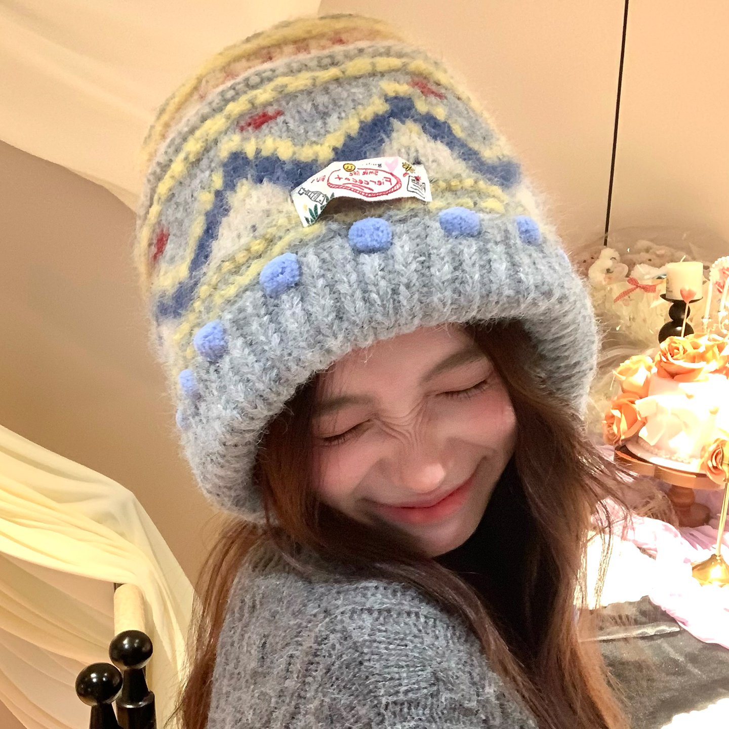 复古费尔岛针织毛线帽女秋冬季